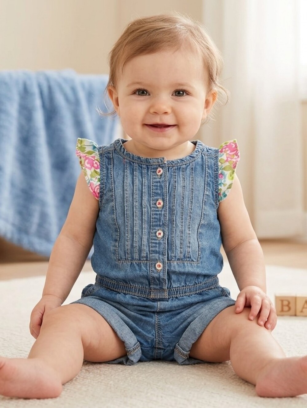 Genuine Kids From Oshkosh 12M Blue Denim Kids Romper with Floral Accents